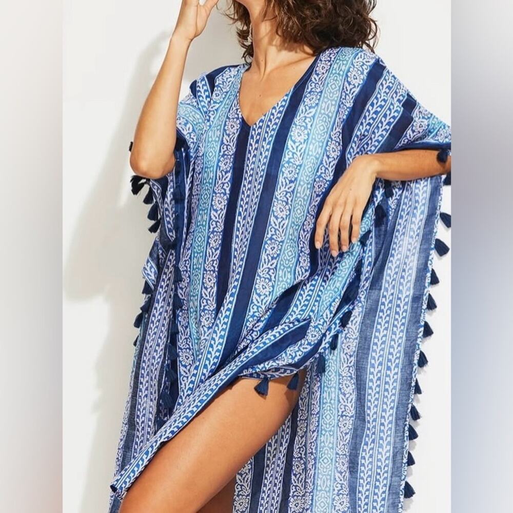 Roberta Roller Rabbit Barre Asia Swim Coverup Kaftan Batik Tassel Stripe M/L